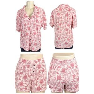 Lucky Brand Pink Floral Print Button Collar Shirt and Shorts Set Women's XL